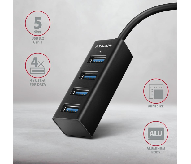 Axagon HUE-M1AL, 4x USB 3.2 Gen 1 MINI hub, metalowy, USB-A 1.2m - 1353431 - zdjęcie 3